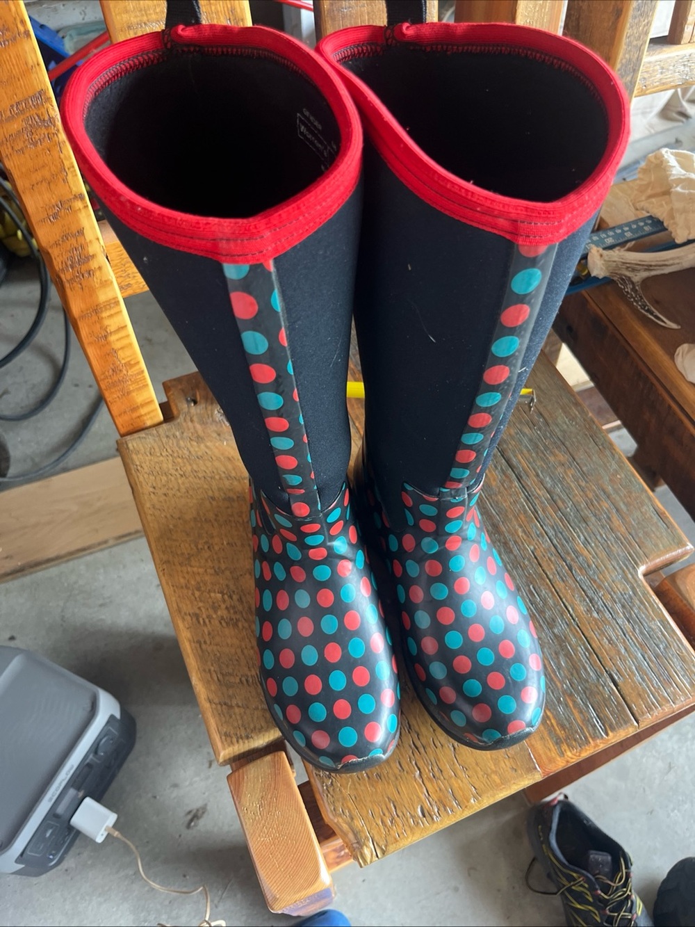 Women's Winter Muck Boots with Red Trim and Teal Polka Dots.  Size 8.